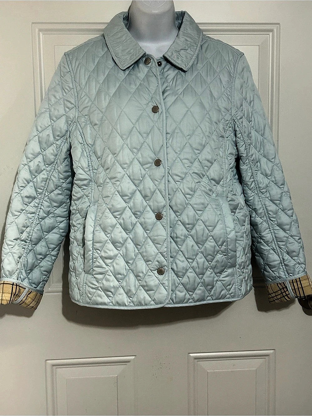 L.L.Bean Diamond Quilted Plaid Lined Jacket Blue & Tan Medium